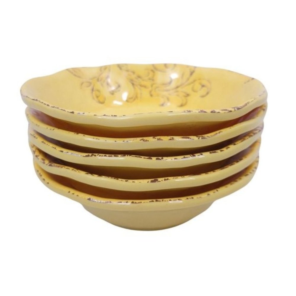 5 Aphorism Melamine Soup Cereal Bowls Yellow Gold Crackle Floral French Country
